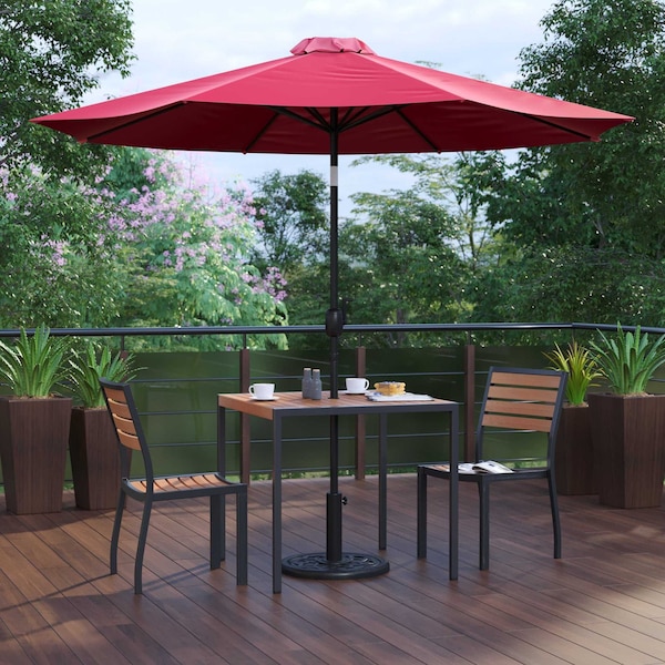 Flash Furniture Faux Teak 35" Table-Red Umbrella-Base-2 Chairs XU-DG-810060362-UB19BRD-GG - main